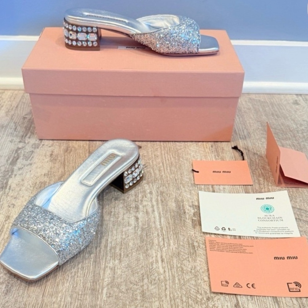 Miu Miu Silver Glitter & Crystal Heel Mules NWT